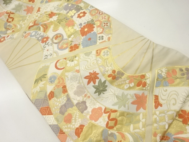 JAPANESE KIMONO / FUKURO OBI / SILK / KARA-ORI / WOVEN FOLDING FAN & FLOWERS & BIRDS